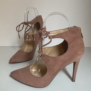 Marc Fisher Lace-Up Cutout Heels Size 5.5M Blush Suede Pointed Toe Zip Back